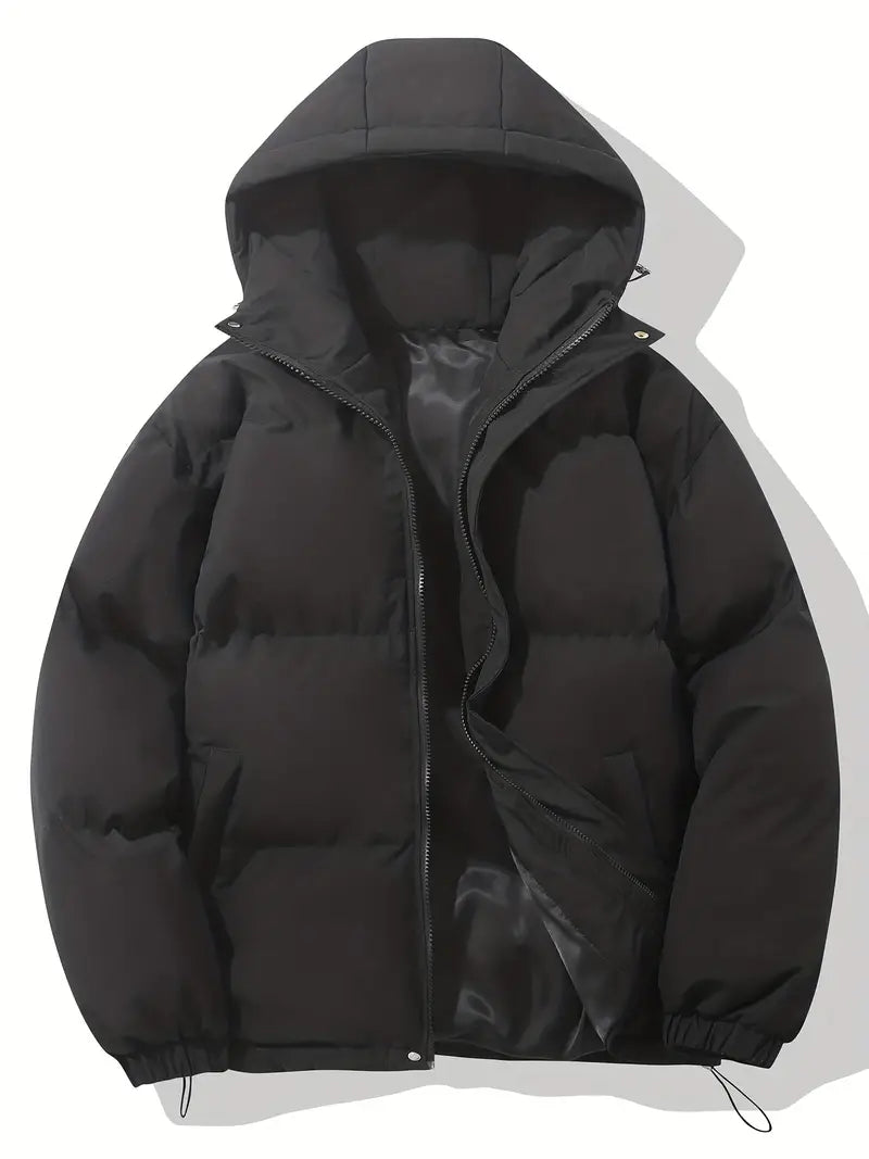 Hooded Puffer Jacket for Women with Drawstring Hem and Elastic Cuffs in Black, front view