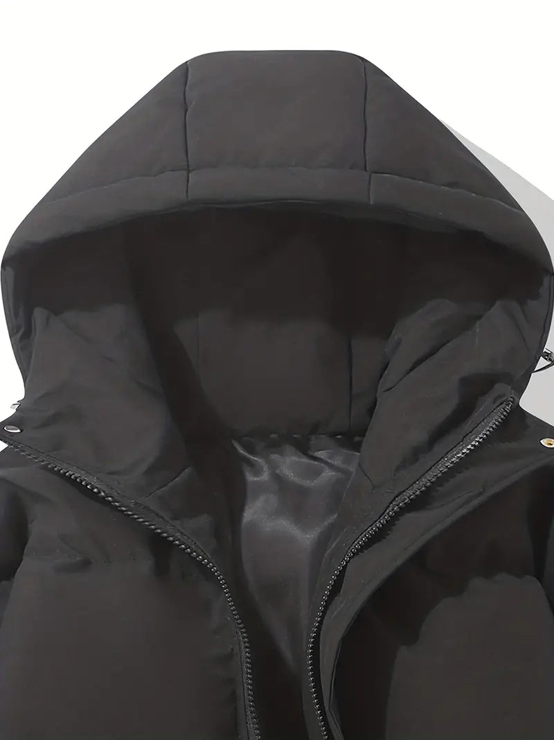 Hooded Puffer Jacket for Women with Drawstring Hem and Elastic Cuffs in Black, hood detail