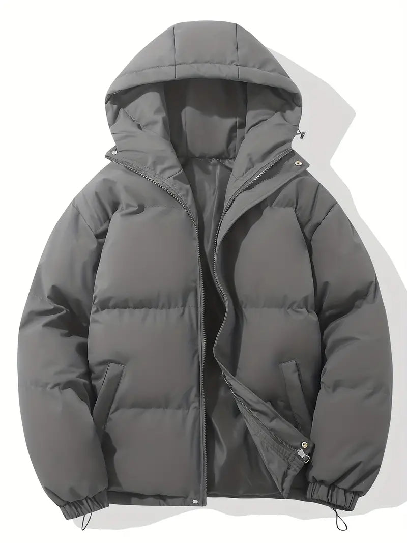 Hooded Puffer Jacket for Women with Drawstring Hem and Elastic Cuffs in Gray, front view