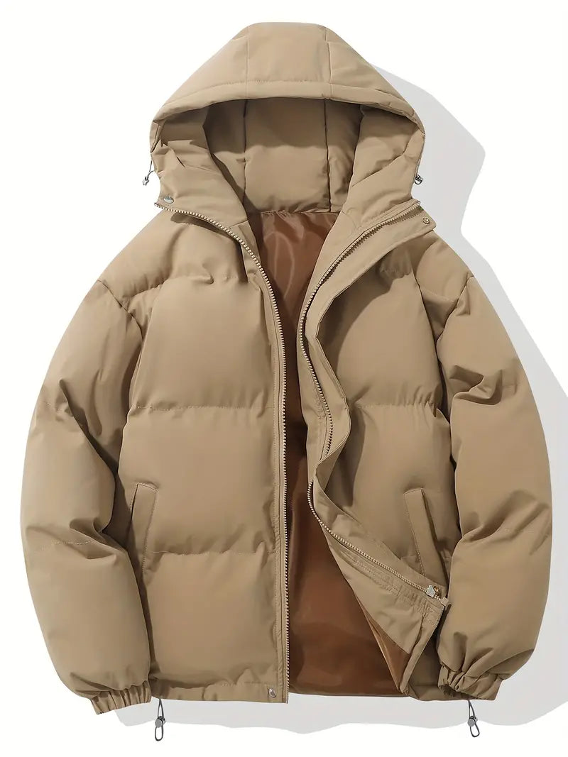 Hooded Puffer Jacket for Women with Drawstring Hem and Elastic Cuffs in Khaki, front view