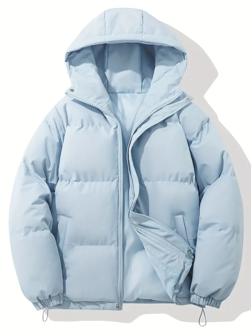 Hooded Puffer Jacket for Women with Drawstring Hem and Elastic Cuffs in Light Blue, front view