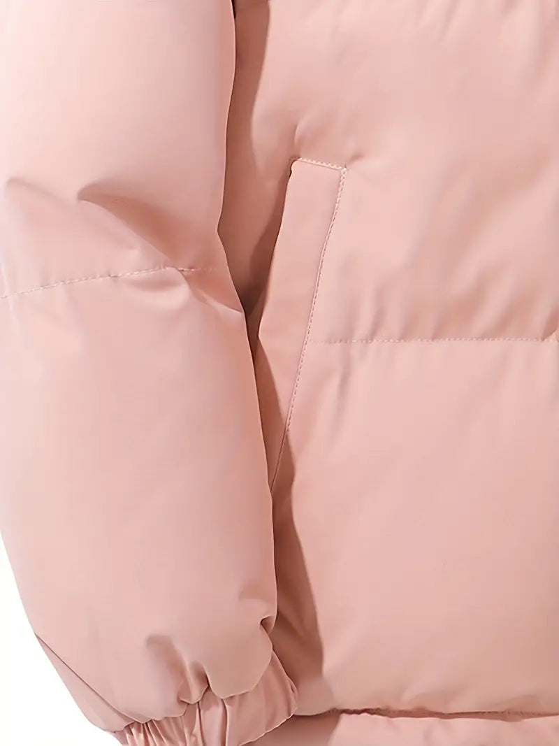 Hooded Puffer Jacket for Women with Drawstring Hem and Elastic Cuffs in Pink, pocket and cuff detail