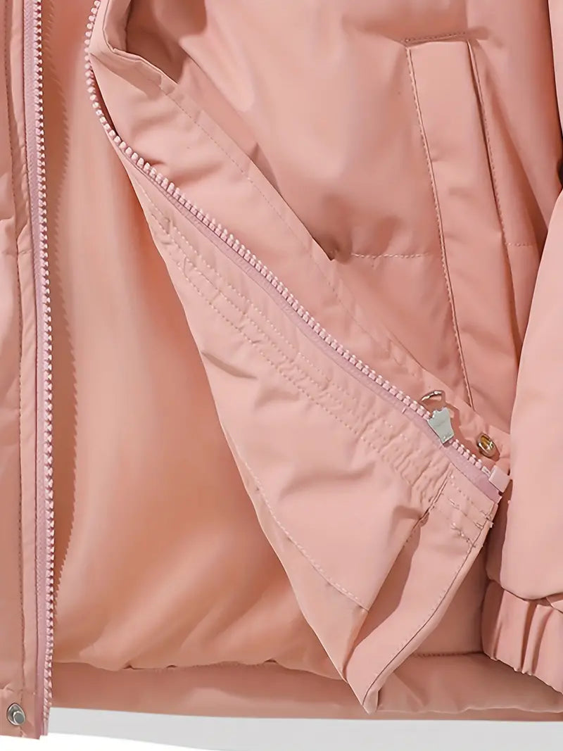 Hooded Puffer Jacket for Women with Drawstring Hem and Elastic Cuffs in Pink, zip placket detail
