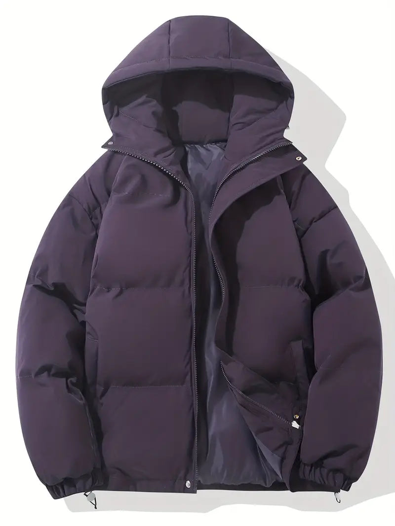 Hooded Puffer Jacket for Women with Drawstring Hem and Elastic Cuffs in Purple, front view