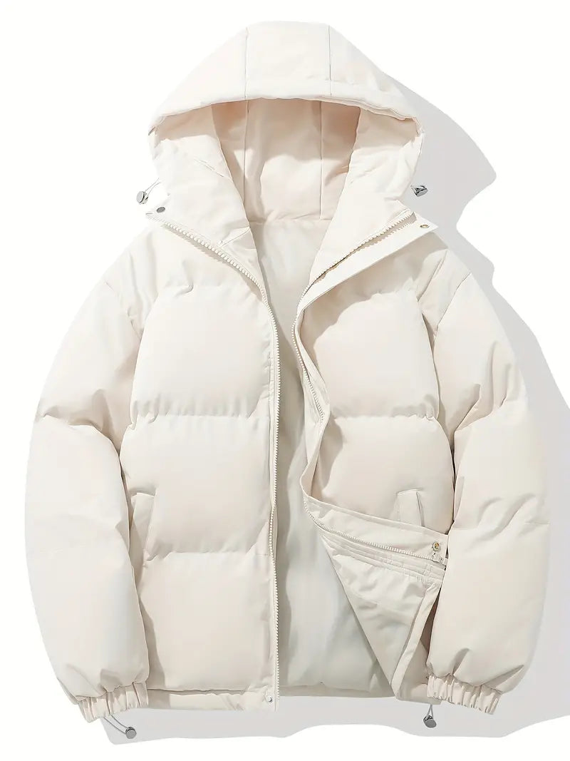 Hooded Puffer Jacket for Women with Drawstring Hem and Elastic Cuffs in White, front view