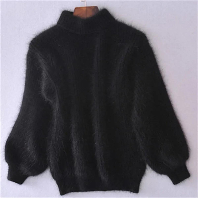 Fuzzy Mock Neck Sweater for Women with Balloon Sleeves and Ribbed Knit in Black, front view on hanger