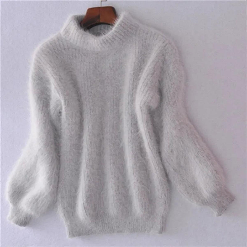 Fuzzy Mock Neck Sweater for Women with Balloon Sleeves and Ribbed Knit in Gray, front view on hanger