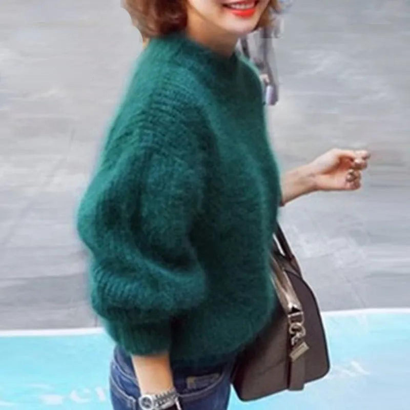 Fuzzy Mock Neck Sweater for Women with Balloon Sleeves and Ribbed Knit in Green, styled view