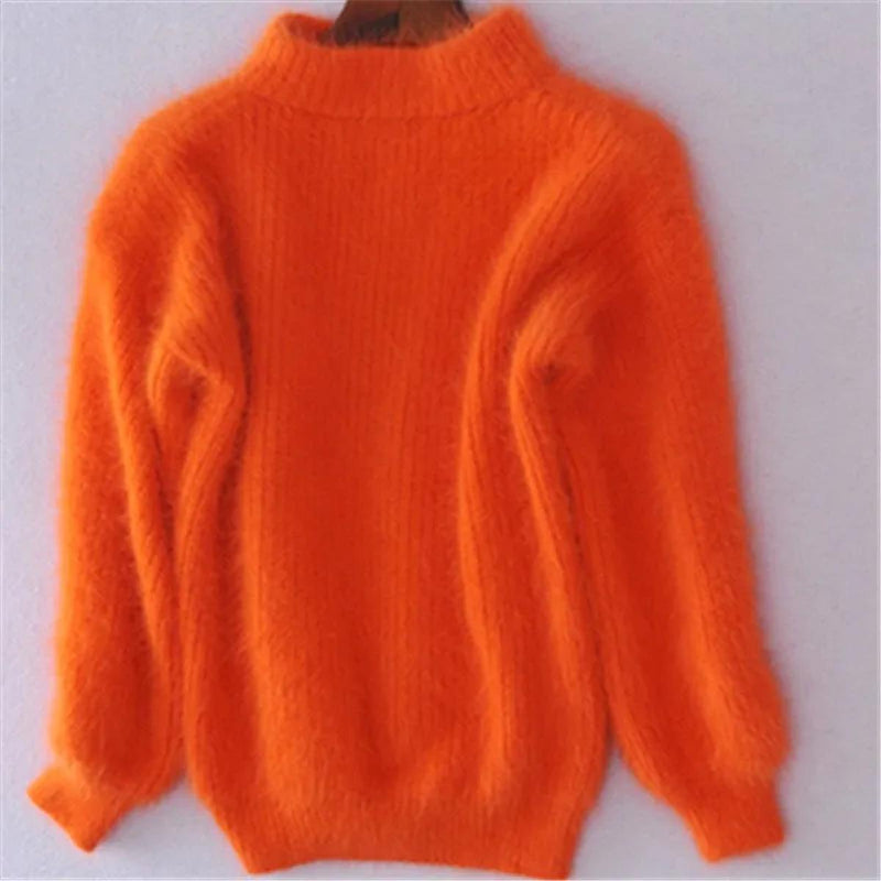Fuzzy Mock Neck Sweater for Women with Balloon Sleeves and Ribbed Knit in Orange, front view on hanger