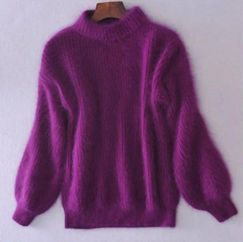 Fuzzy Mock Neck Sweater for Women with Balloon Sleeves and Ribbed Knit in Purple, front view on hanger
