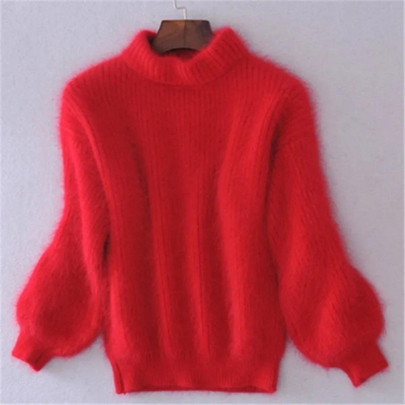 Fuzzy Mock Neck Sweater for Women with Balloon Sleeves and Ribbed Knit in Red, front view on hanger