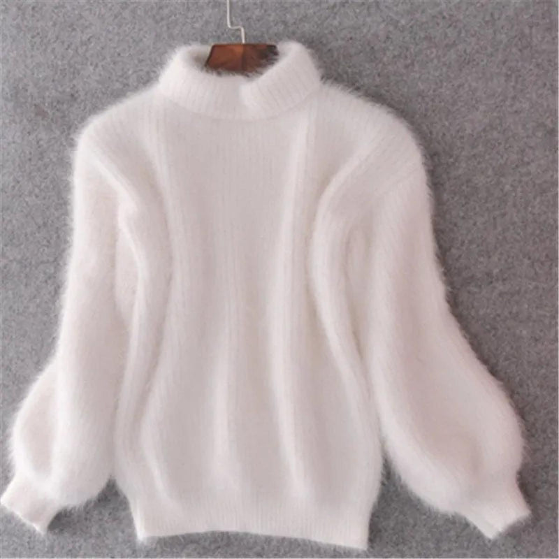 Fuzzy Mock Neck Sweater for Women with Balloon Sleeves and Ribbed Knit in White, front view on hanger