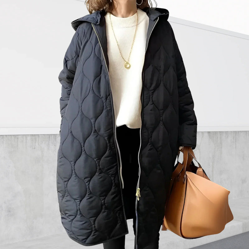 Long Quilted Hooded Coat for Women with Zip Front and Side Pockets in Black, front view