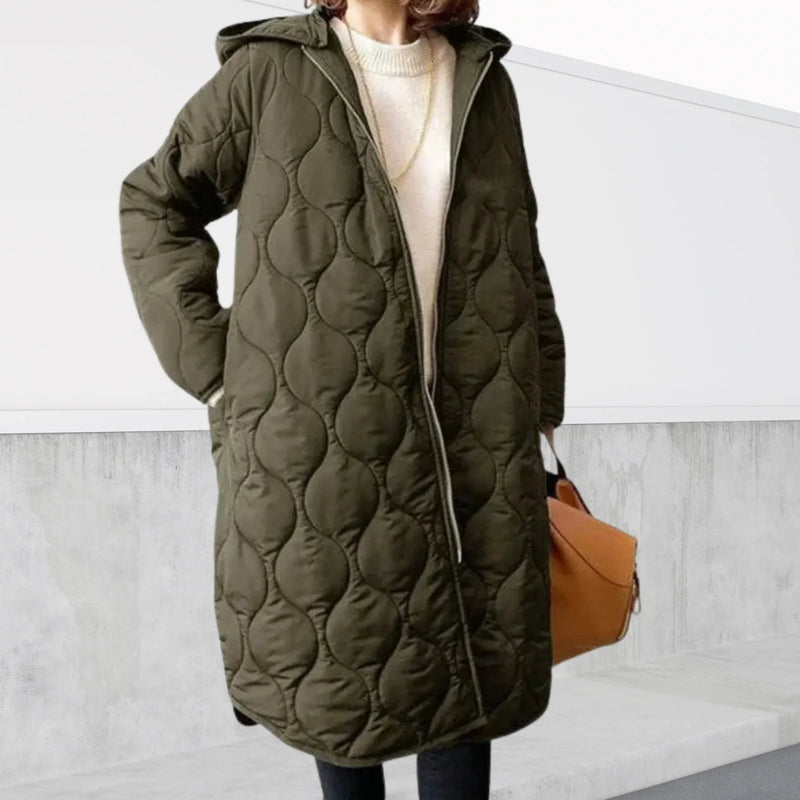 Long Quilted Hooded Coat for Women with Zip Front and Side Pockets in Dark Green, front view