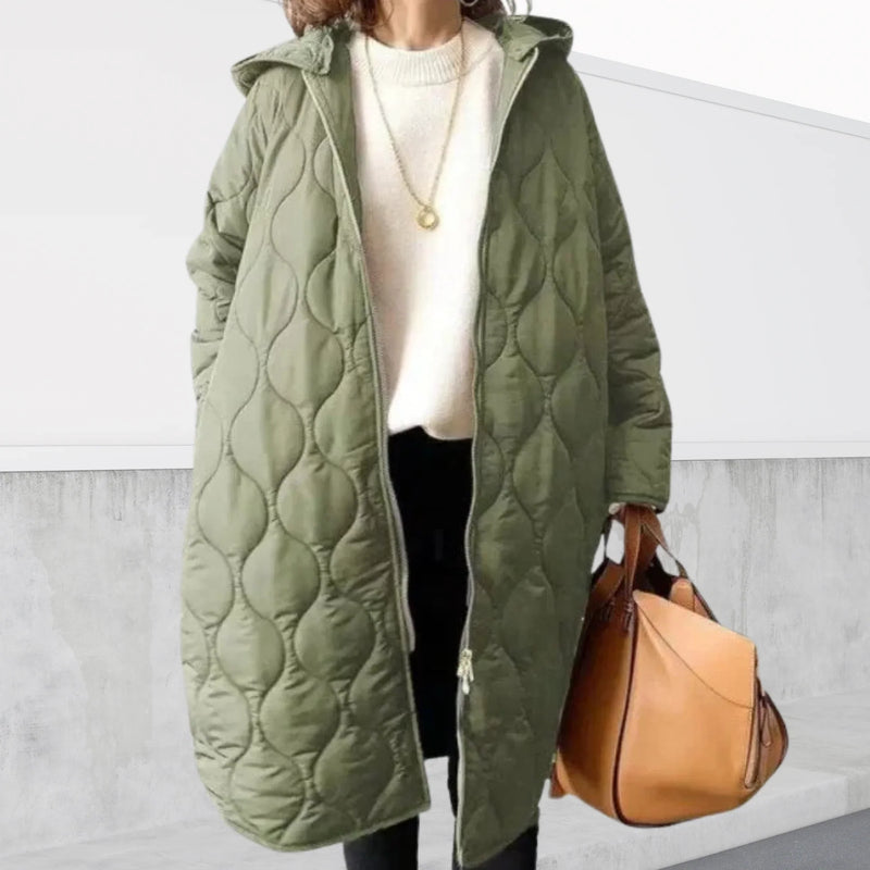 Long Quilted Hooded Coat for Women with Zip Front and Side Pockets in Light Green, front view