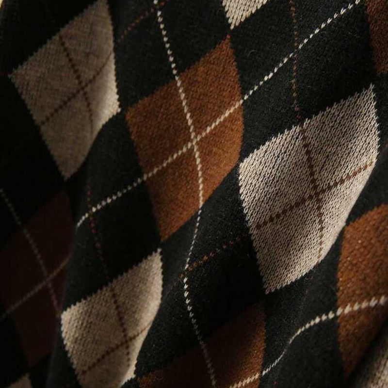 Argyle Crew Neck Sweater for Women with Relaxed Fit and Ribbed Trim in Brown, fabric close-up