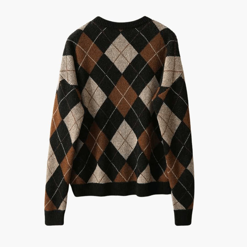 Argyle Crew Neck Sweater for Women with Relaxed Fit and Ribbed Trim in Brown, flat front view