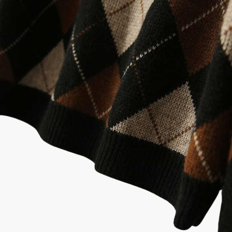 Argyle Crew Neck Sweater for Women with Relaxed Fit and Ribbed Trim in Brown, hem close-up