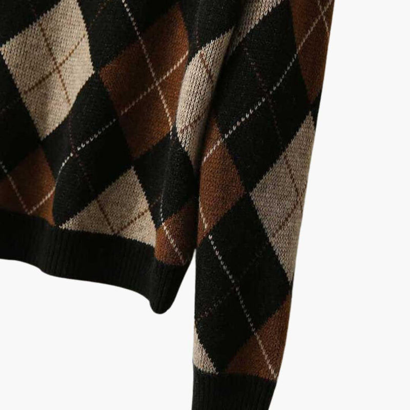 Argyle Crew Neck Sweater for Women with Relaxed Fit and Ribbed Trim in Brown, sleeve close-up