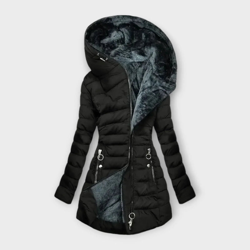 Faux Fur Lined Puffer Jacket for Women with Hood and Zip Pockets in Black, open flat view