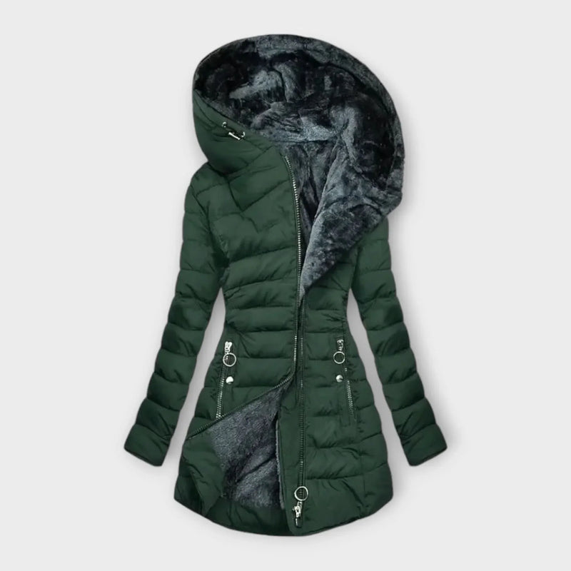 Faux Fur Lined Puffer Jacket for Women with Hood and Zip Pockets in Dark Green, open flat view