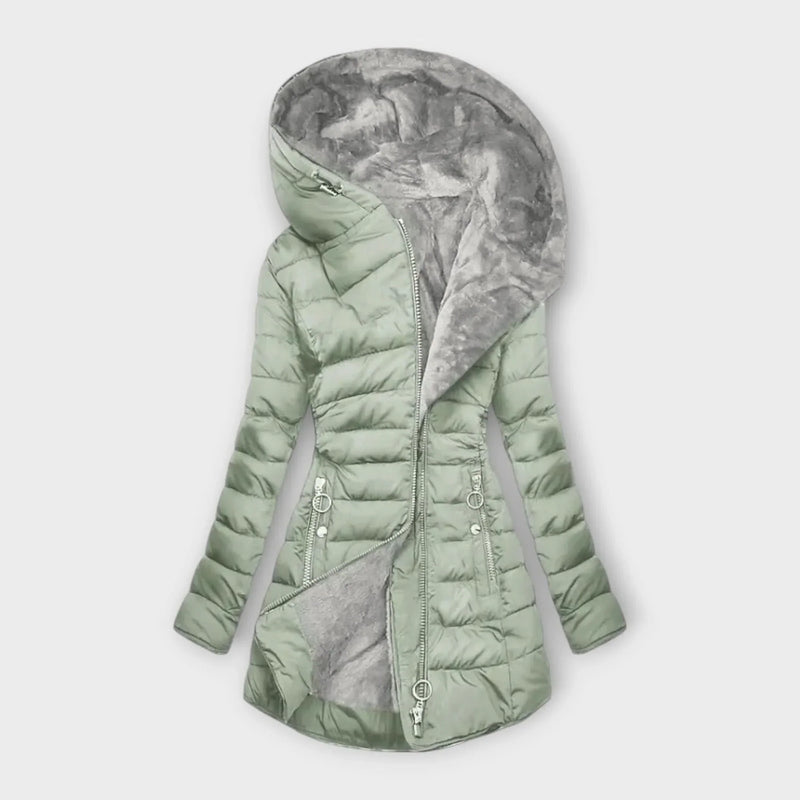 Faux Fur Lined Puffer Jacket for Women with Hood and Zip Pockets in Light Green, open flat view