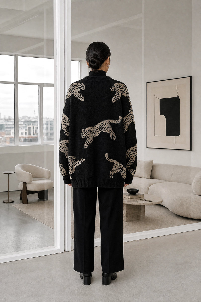 Amber | Leopard Print Sweater in Black, studio back view