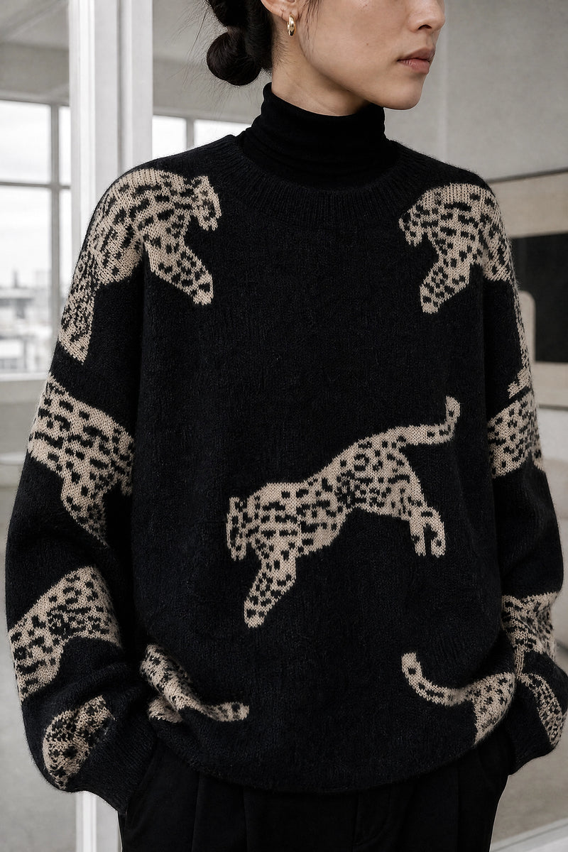 Amber | Leopard Print Sweater in Black, fabric close-up