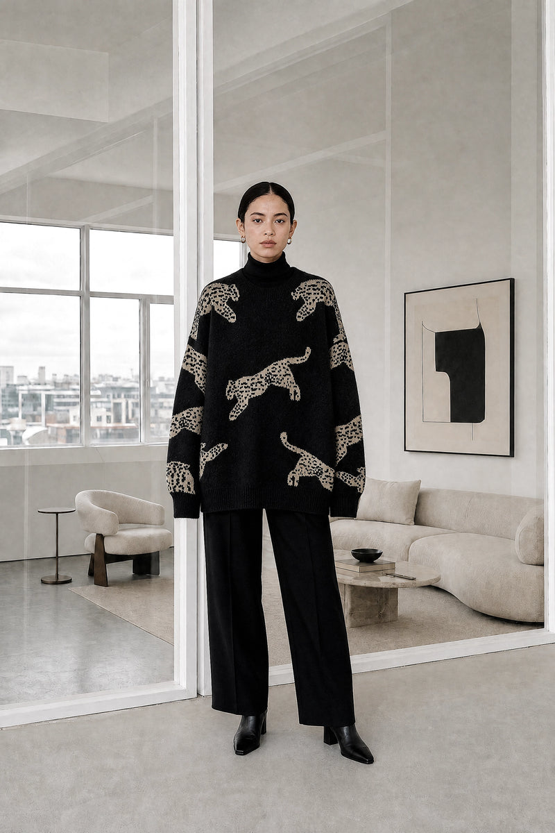 Amber | Leopard Print Sweater in Black, studio front view