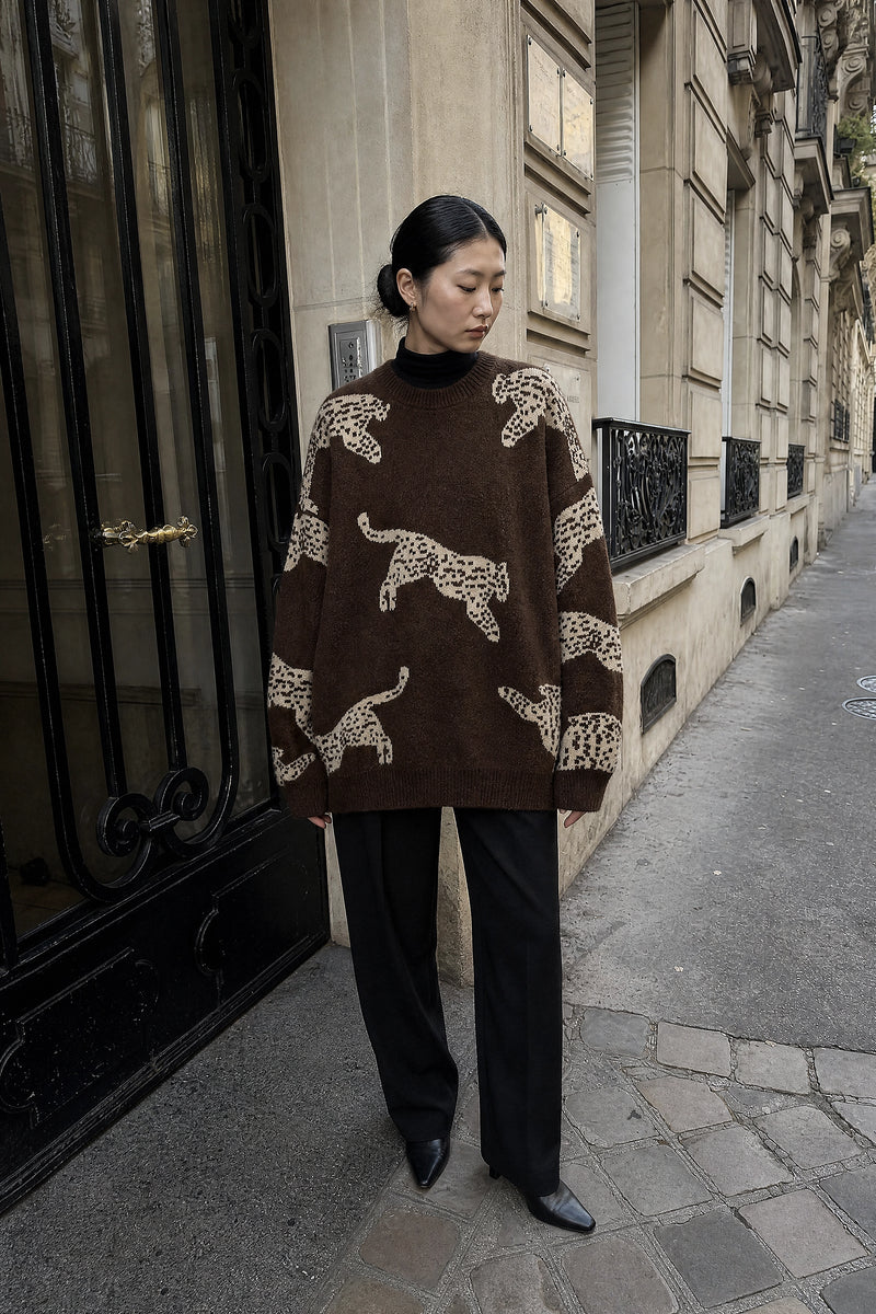 SOFAINE-V7-LIFE-Amber | Leopard Print Sweater in Brown, street-style view