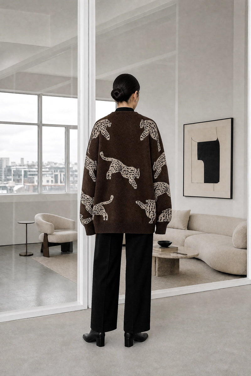 Amber | Leopard Print Sweater in Brown, studio back view