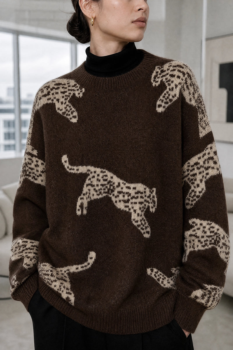 Amber | Leopard Print Sweater in Brown, fabric close-up