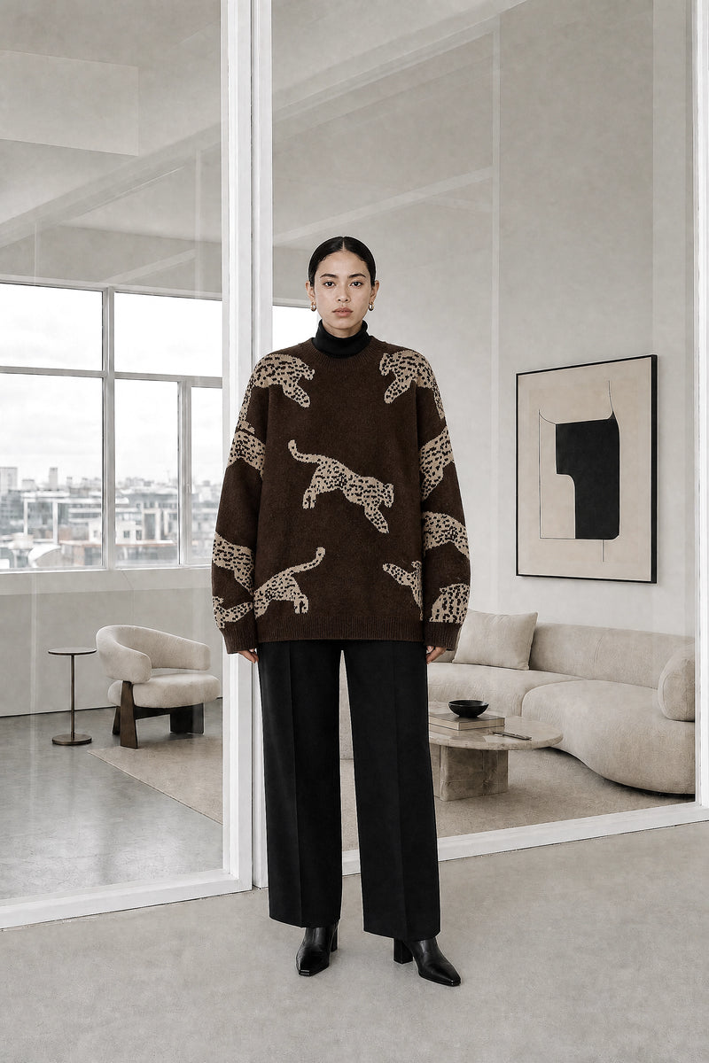 Amber | Leopard Print Sweater in Brown, studio front view