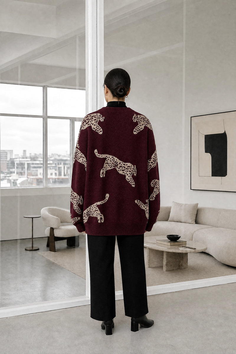 Amber | Leopard Print Sweater in Burgundy, studio back view
