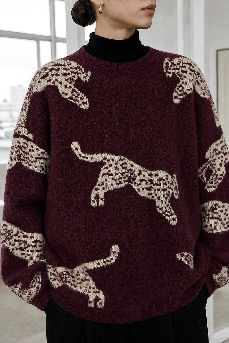 Amber | Leopard Print Sweater in Burgundy, fabric close-up