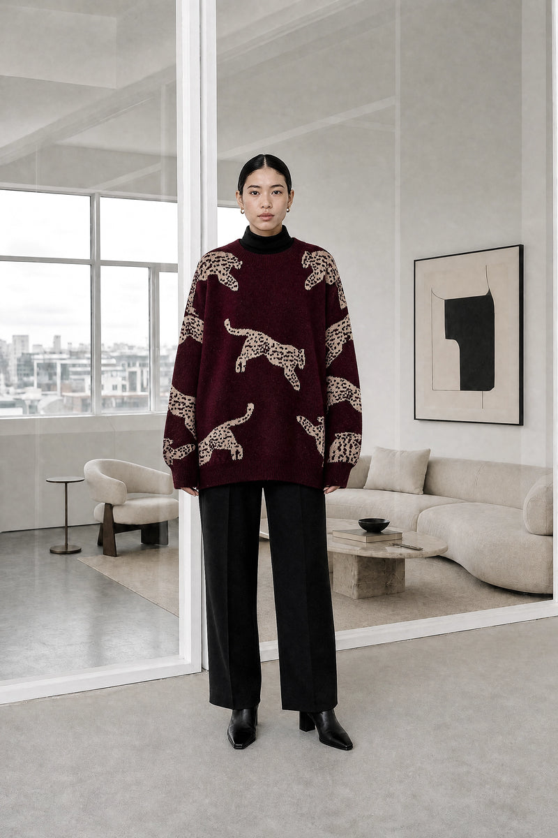 Amber | Leopard Print Sweater in Burgundy, studio front view