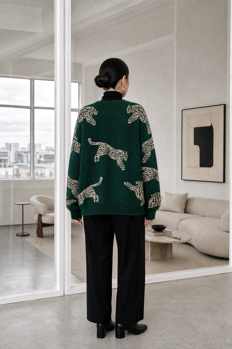 Amber | Leopard Print Sweater in Dark Green, studio back view