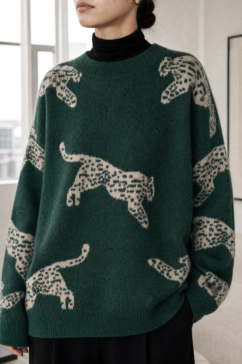 Amber | Leopard Print Sweater in Dark Green, fabric close-up