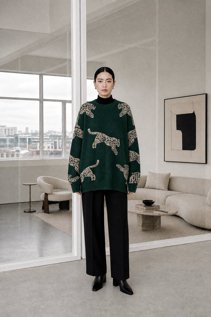 Amber | Leopard Print Sweater in Dark Green, studio front view