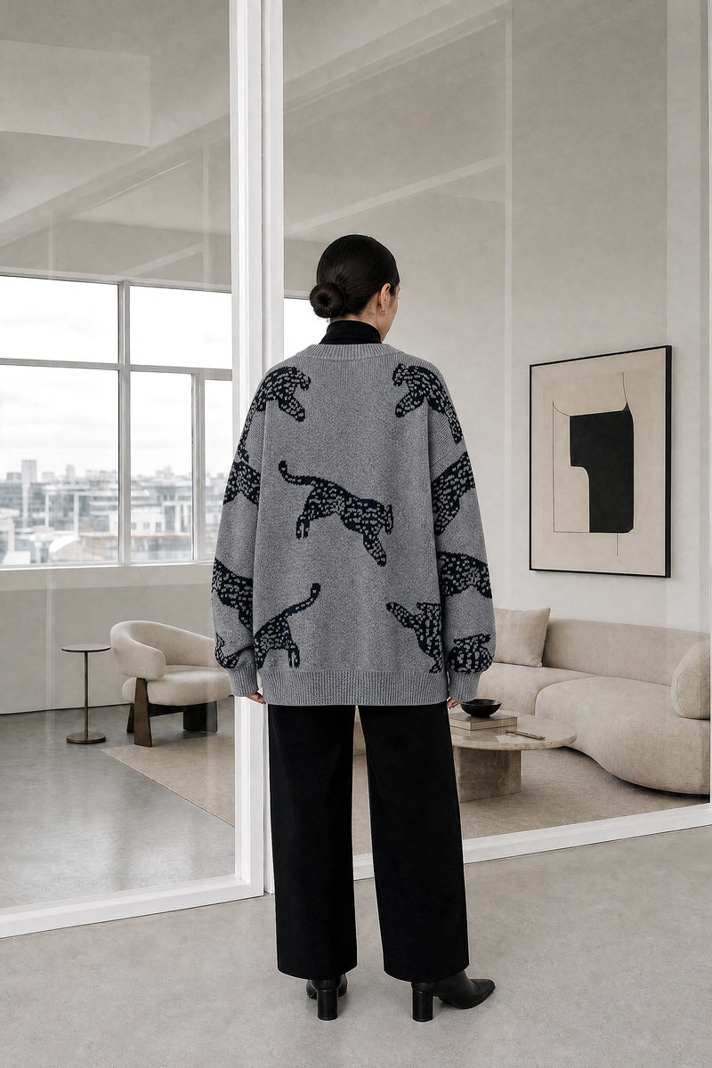 Amber | Leopard Print Sweater in Gray, studio back view