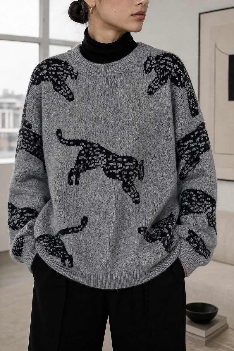 Amber | Leopard Print Sweater in Gray, fabric close-up