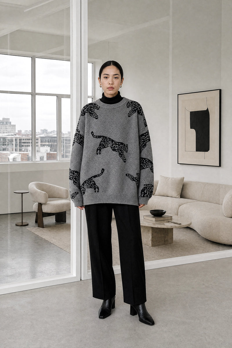 Amber | Leopard Print Sweater in Gray, studio front view