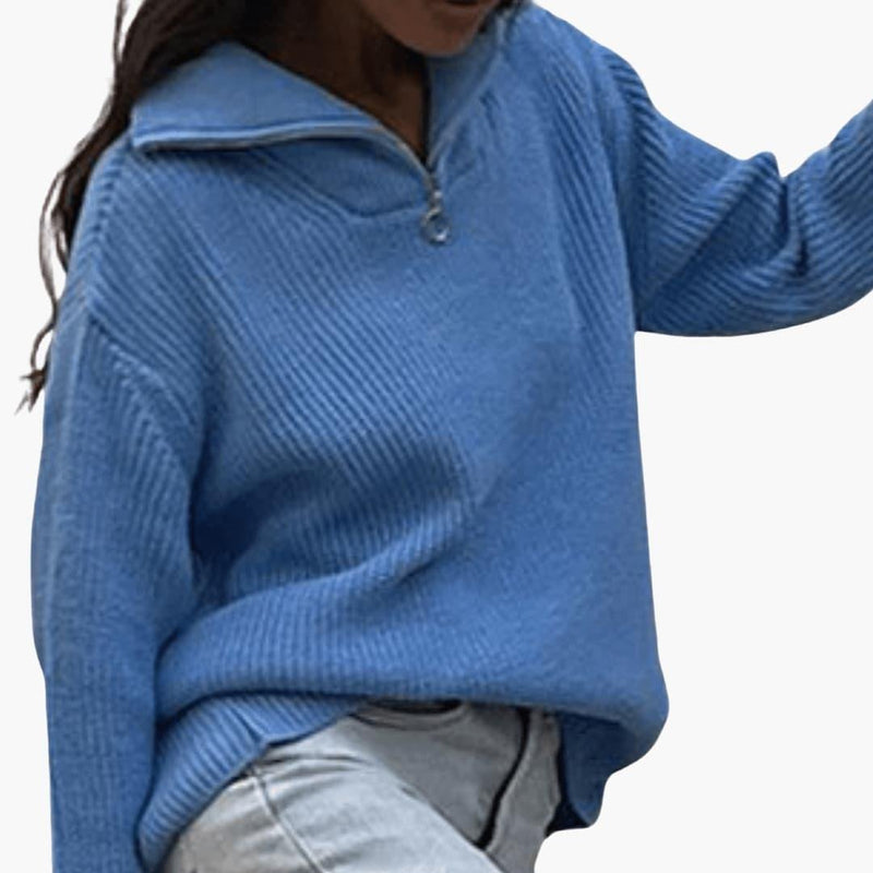 Knit Half Zip Sweater for Women with Wide Collar and Dropped Shoulders in Blue, front view