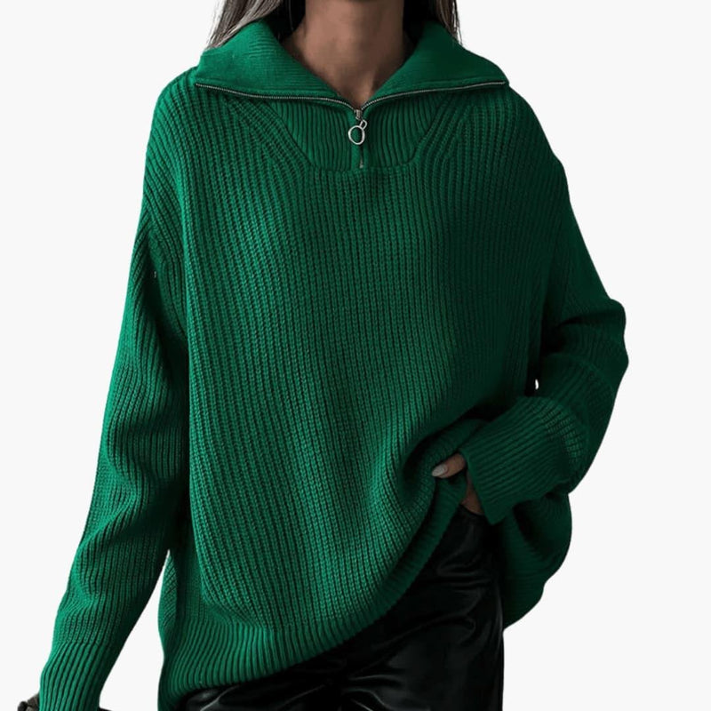 Knit Half Zip Sweater for Women with Wide Collar and Dropped Shoulders in Green, front view