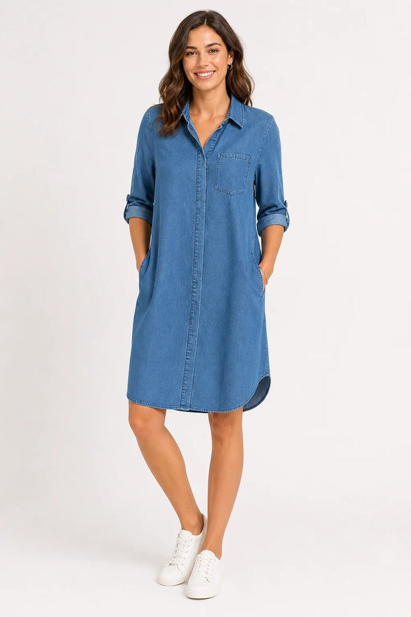 Sofaine Amelia collared button-front denim shirt dress in medium blue, worn front view