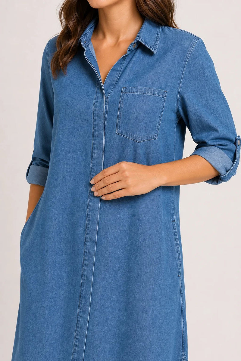 Sofaine Amelia denim shirt dress in medium blue, chest pocket and placket detail close-up
