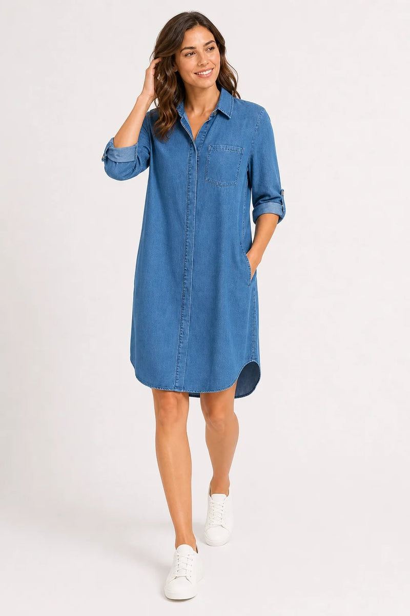 Sofaine Amelia knee-length denim shirt dress in medium blue, styled full look with white sneakers