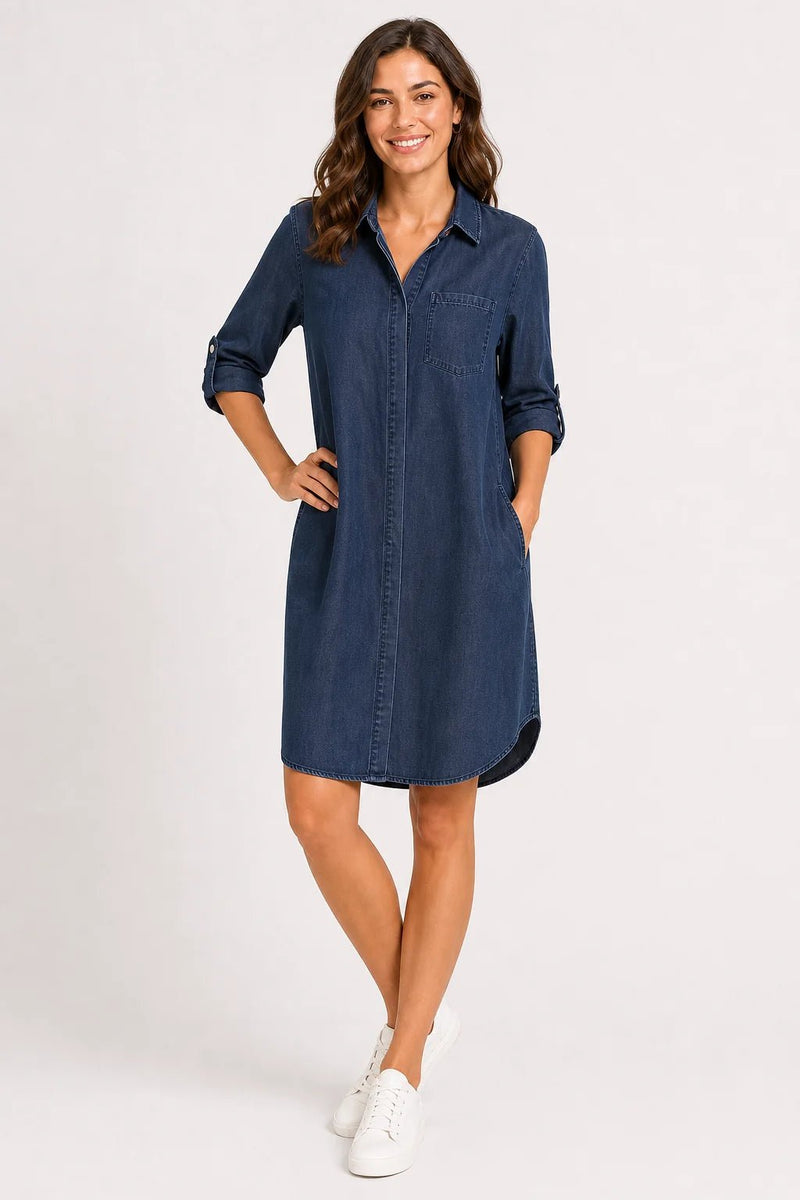 Sofaine Amelia collared button-front denim shirt dress in dark indigo, worn front view