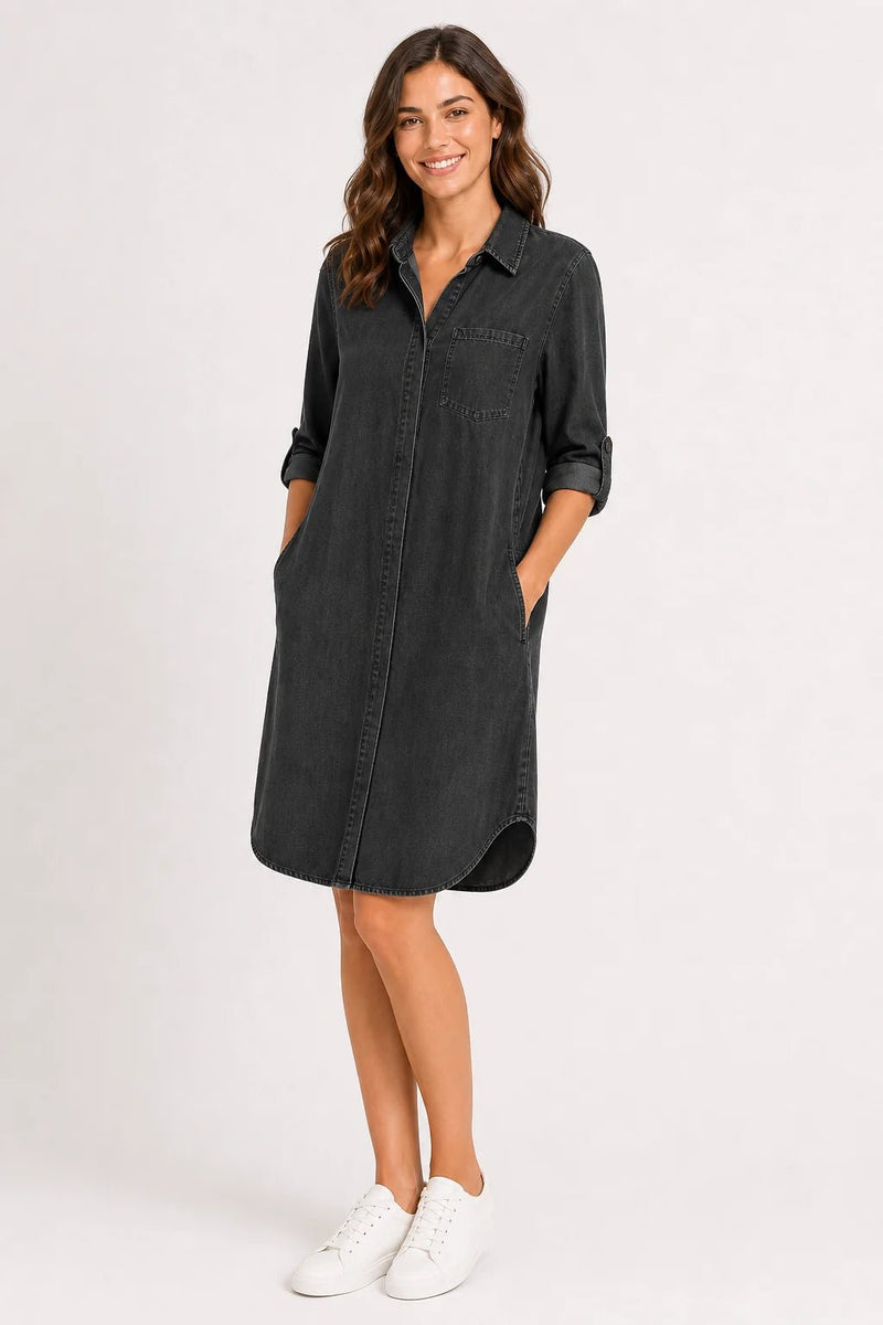 Sofaine Amelia denim shirt dress in washed black, worn front view with rolled sleeves
