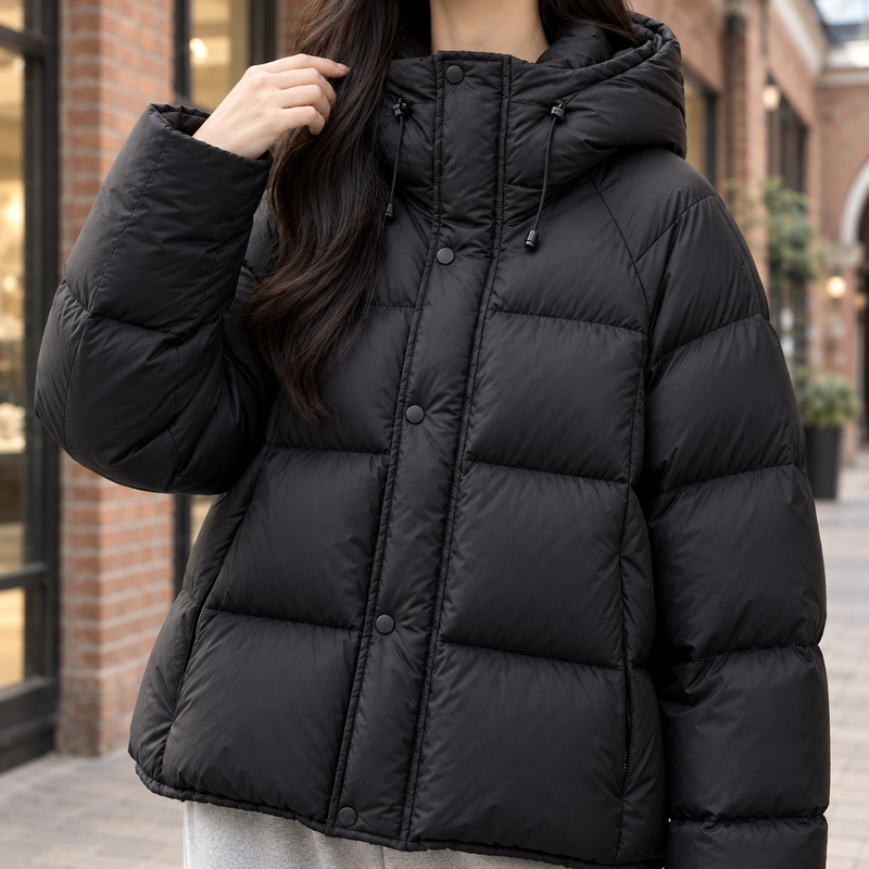 Boxy Hooded Puffer Jacket for Women with Adjustable Hood and Snap Placket in Black, front close-up